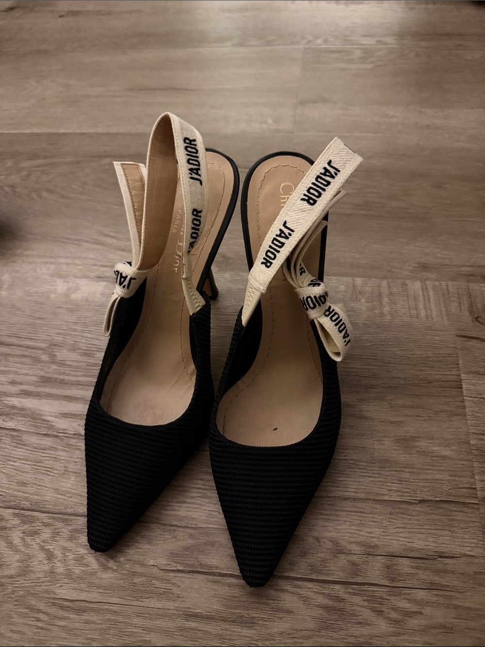 Dior Black Pointed Slingback Pumps with Ivory J'Adior Ribbon